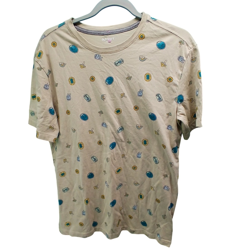 Old Navy Womens XXL Tan Retro Mushroom Peace Sign All Over Print Graphic T-Shirt
